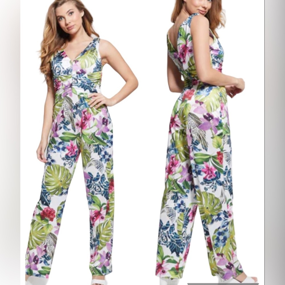 Guess Eco Tropical Theme Island Fancy Cowl Poplia Stretchy Jumpsuit Sz L